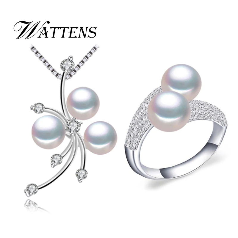 

Pearl Jewelry Sets Bohemian 925 sterling silver natural Pearl Pendant Necklace double pearl beads rings For Women Wedding party
