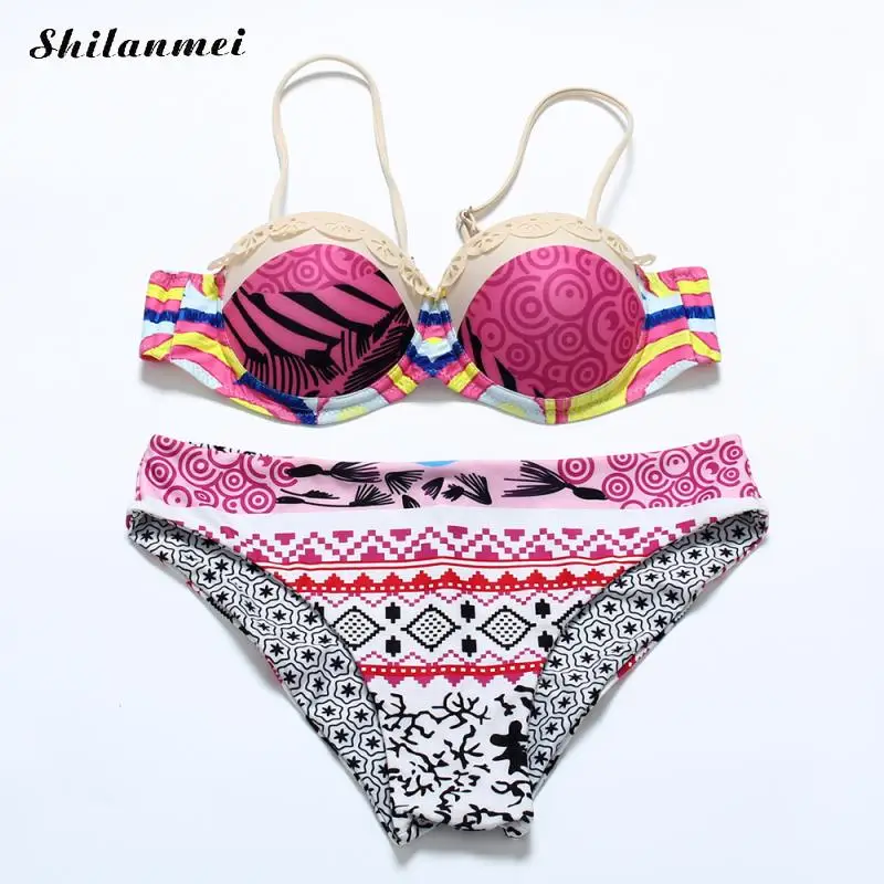 

2017 New Swimwear Women Bikini Swimsuit Brazilian Bandage Halter Plavky Push Up Top Bathing Suits Floral Print Beachwear Biquini