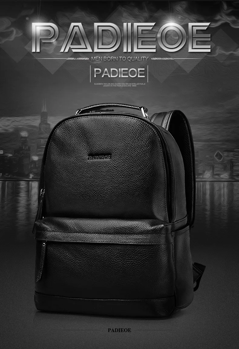 Padieoe, дизайн, корейский стиль, мужской рюкзак, роскошный бренд, черный, натуральная кожа, рюкзак, модный, однотонный, мужской, на каждый день, рюкзаки