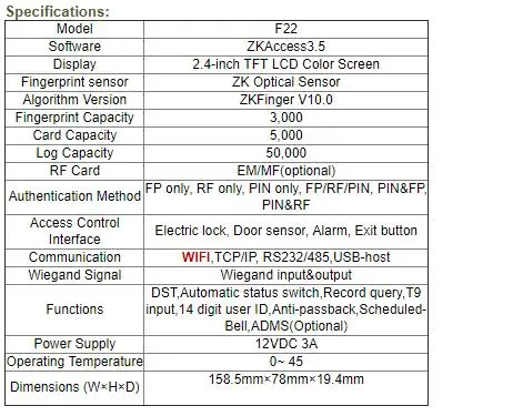 ZK F22 TCP/IP WI-FI отпечатков пальцев Система контроля доступа дверца Управление с участием времени F28 отпечатков пальцев