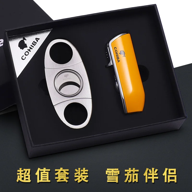 

COHIBA Pocket Metal Snake Mouth Shape Refillable Butane Gas 3 Torch Jet Flame Cigarette Cigar Lighter With Cigar Cutter