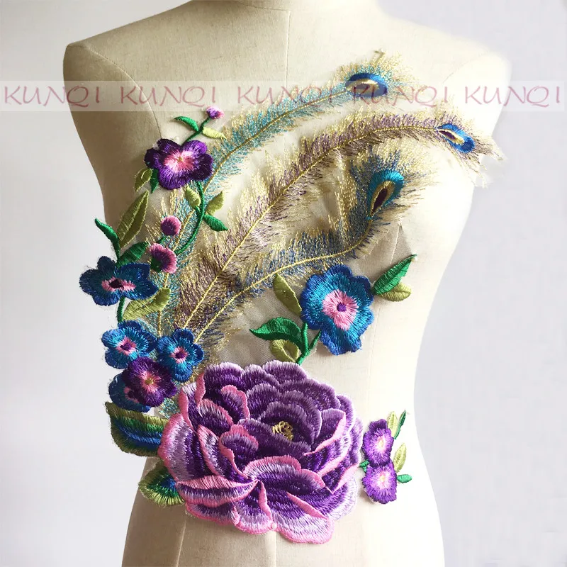 

1 Pc 37*28CM Peacock Flower Embroidery / Applique Water-soluble Cloth Paste Hand Sewn Patch Accessory DIY Purple