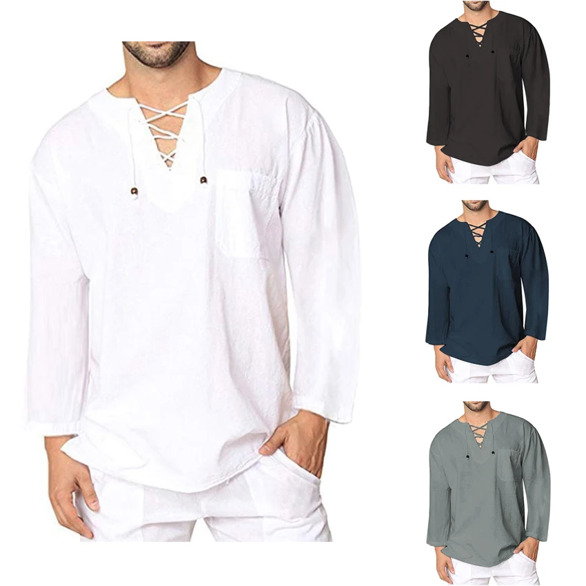 

Men Medieval Clothing Full Sleeve Bandage Cotton Linen Loose T-shirt Solid Color Steampunk Viking Pirate Cosplay Costumes