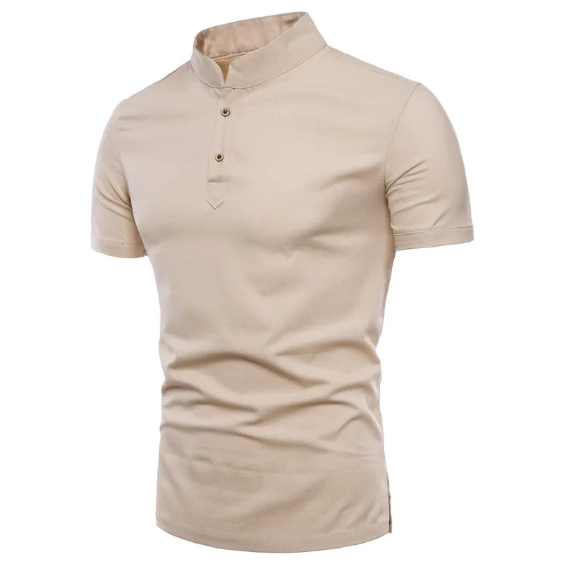 

Short-sleeved Linen T-shirt Men's High collar Solid color Summer Tops Tees T Shirts Fitness Clothing