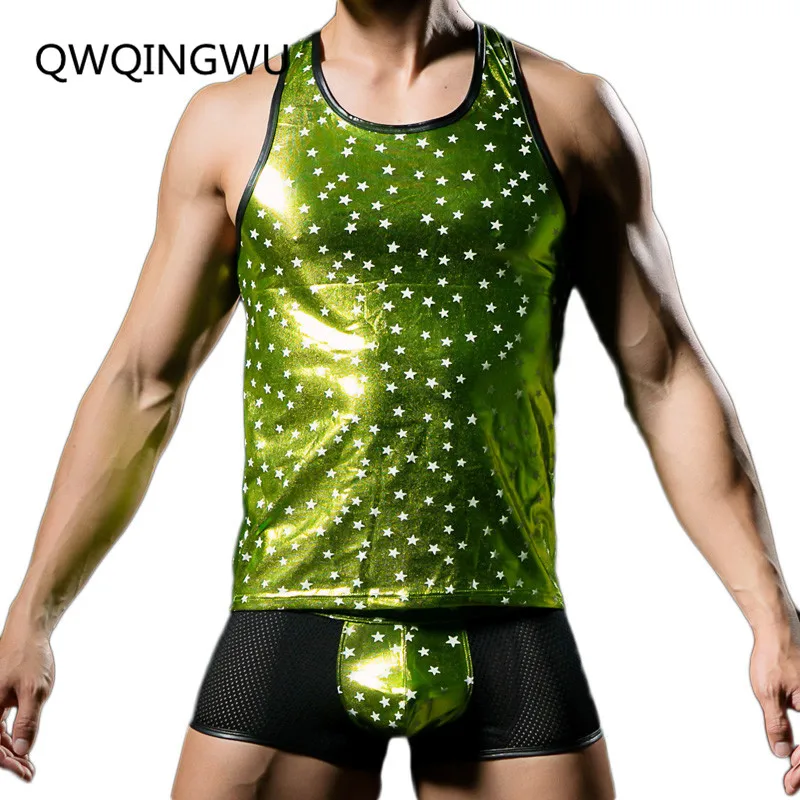 

Man Sexy Sheer Spandex Compression Undershirts Men Seamless Star Print Blocking sheer Shirt Gay underwear Undershirts Clubwear