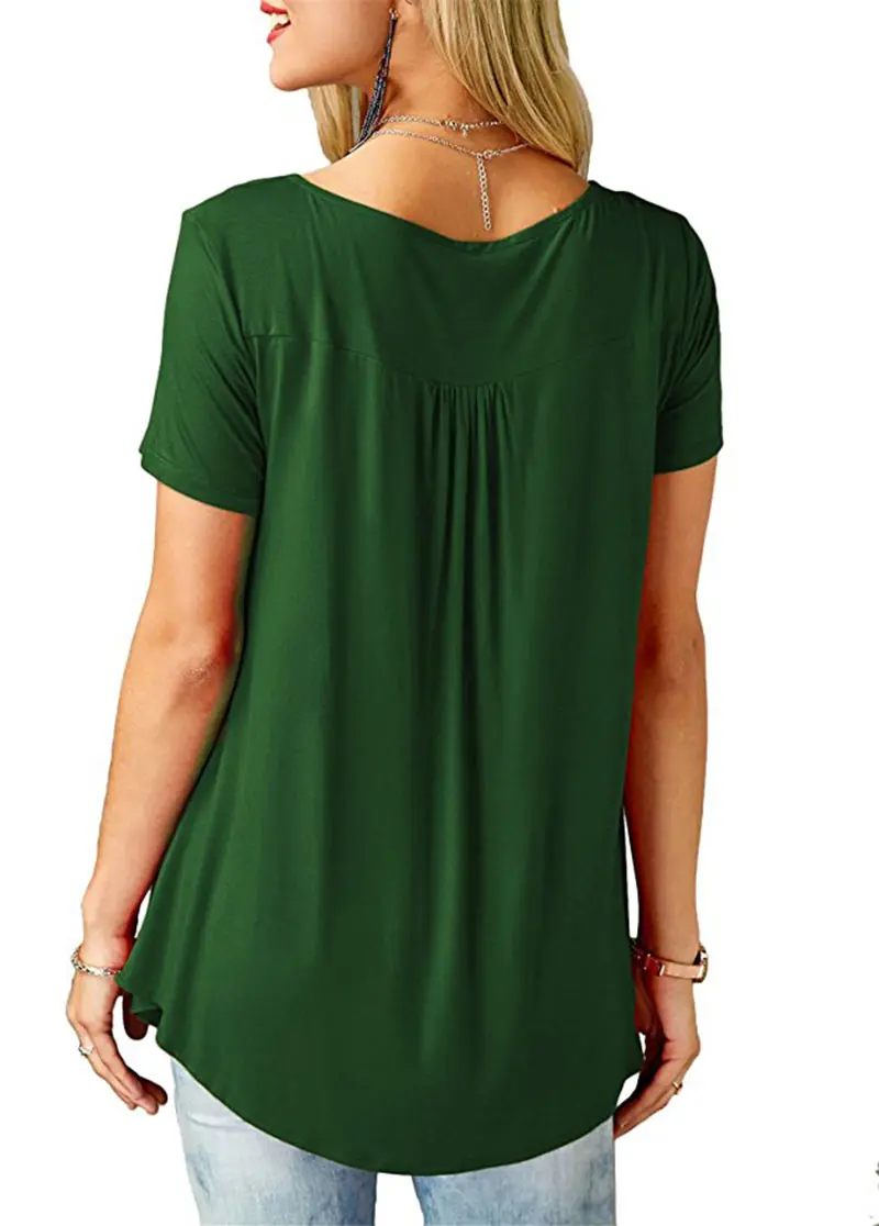 Women'S Summer Casual Short Sleeve T-Shirts Ruffle Button Up Split Neck Blouse Tunic Top Female 2018 Fashion Solid Loose Tees (33)