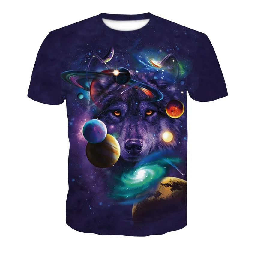 

Summer 2019 new brand 3D galaxy Wolf head T-shirt men's round neck short sleeve T-shirt men's fashion T-shirt short sleeve drops