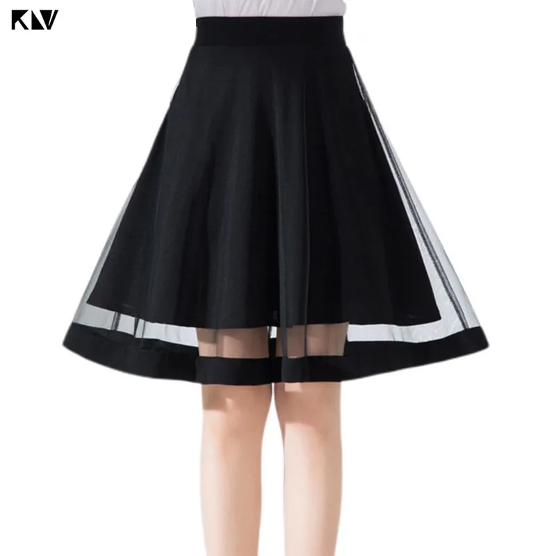 

KLV Summer High Waist Pleated Swing Knee Length Tutu Skirt Sheer Mesh Patchwork Solid Black Color Lined Dance Party Petticoat
