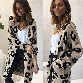 

Leopard long cardigan women designer spring autumn winter women sweater coat fashion warm long sleeve knitted cardigan CDR551