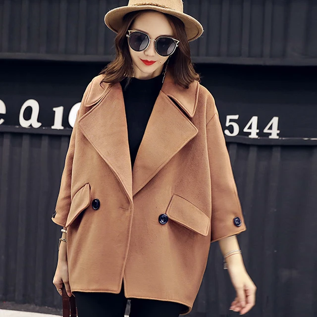 YuooMuoo Fashion Vintage Khaki Solid Wool Coats Three Quarter Sleeve