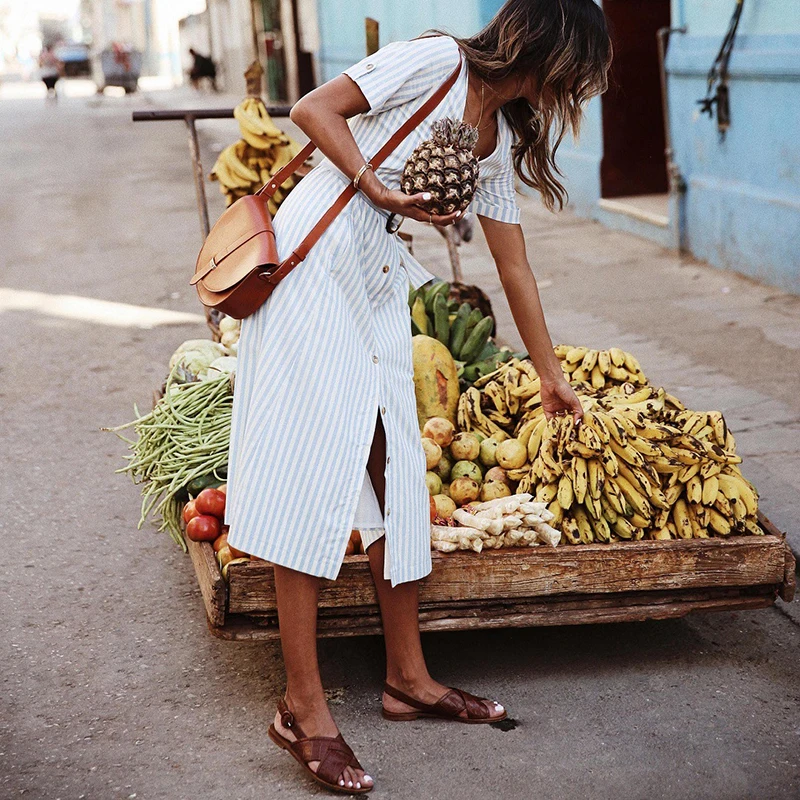 Women Summer Striped Dress Woman Sexy V-neck Short Sleeve Belt Dress Ladies Mid-calf Button Dress Holiday Boho Dresses Sundress