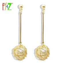 F. j4Z nuevos pendientes oro-color Stick Hollow bolas de alambre con La Perla de Faux interior gota pendientes aretes joyeria
