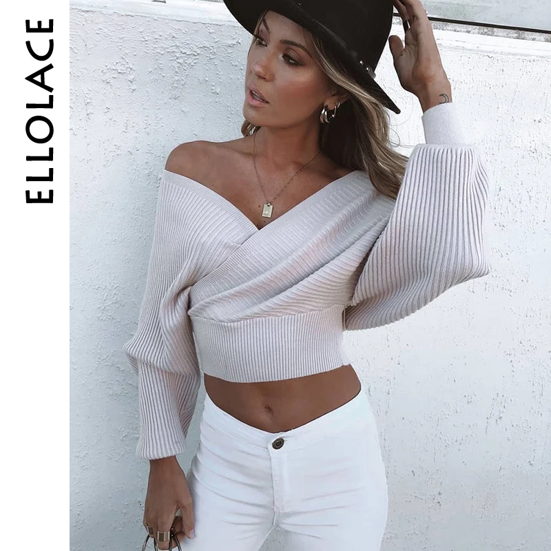 

Ellolace Off Shoulder Deep V Pollover Sweater for Women Jumpers Autumn Oversize Knit Women's Crochet Ladies Winter 2019 Sweaters