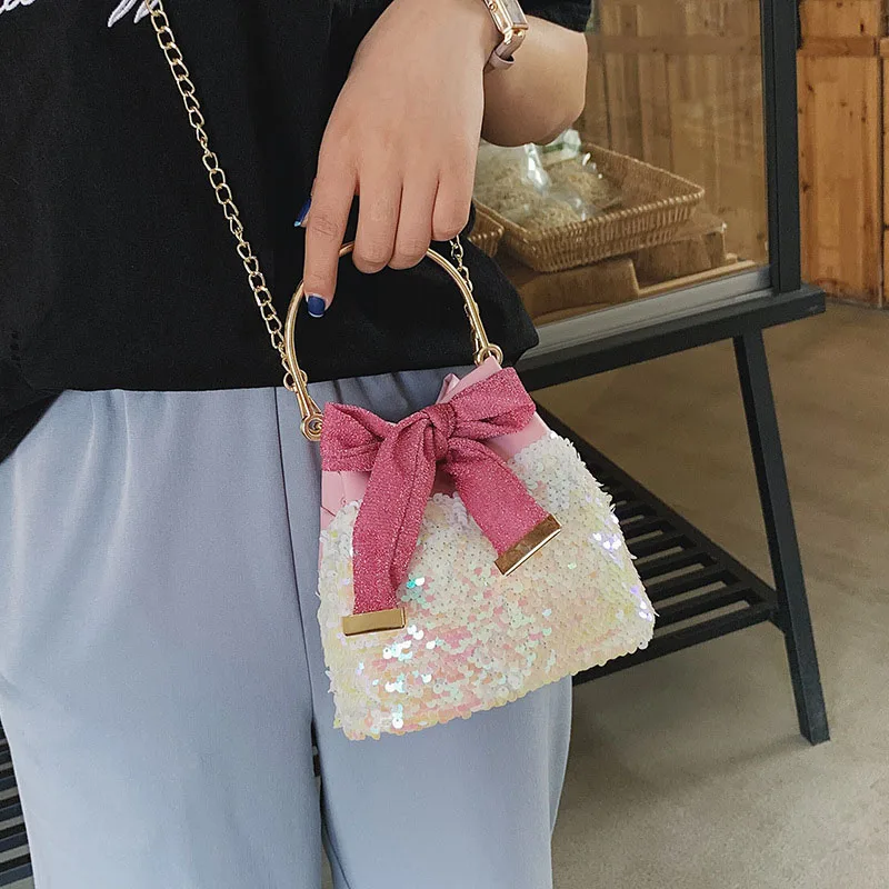 

JHD-Women'S Crossbody Bags Summer Wild Messenger Bag Fashion Chain Shoulder Bag Sequins Ocean Pu Leather Leisure Mini Bucket