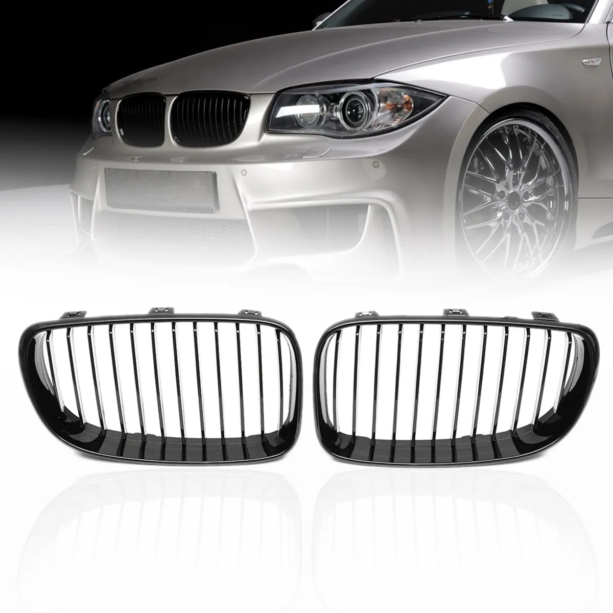 

Pair ABS Matte Gloss Black M Color Carbon 2 Slat Front Kidney Grilles For BMW 1 SERIES E81 E82 E87 E88 2 4d 2007 2008-2012 2013