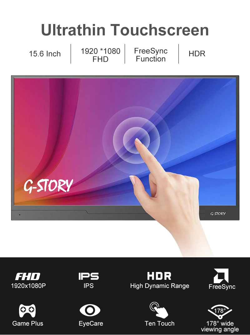 G-STORY 15,6 дюймов ультратонкий сенсорный экран FHD 1080P ips портативный монитор Usb type C Hdmi для ноутбука, телефона, Xbox, переключателя и Ps4