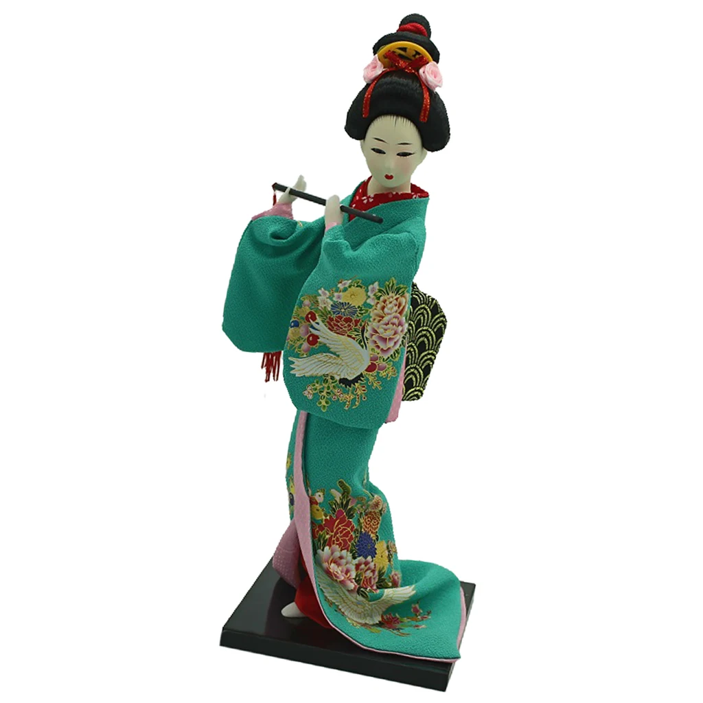 Traditional Japanese Standing Geisha Doll Model Kimono Doll Vintage Decor Doll Wearing Green Clothes & Flute