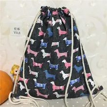 YILE хлопок рюкзака парусиновной завязки, портфели для школьников с цветными рисунками собаки черное основание B322