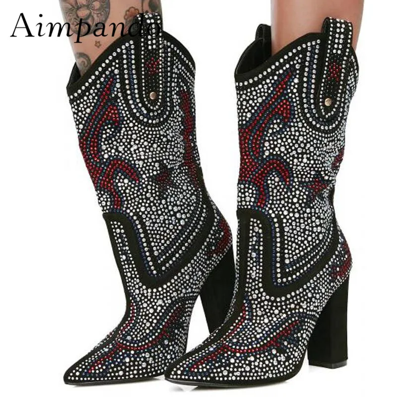 

2020 Newest Rhinestone Ankle Boots Women Pointed Toe Mixed Color Crystal Flower High Heel Boots Women Cowboy Boots