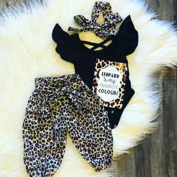 

3PCS New Fashion Newborn Baby Girl Cotton Clothes Fly-Sleeve Tops+Leopard Long Pants Outfit Sunsuit 3F28
