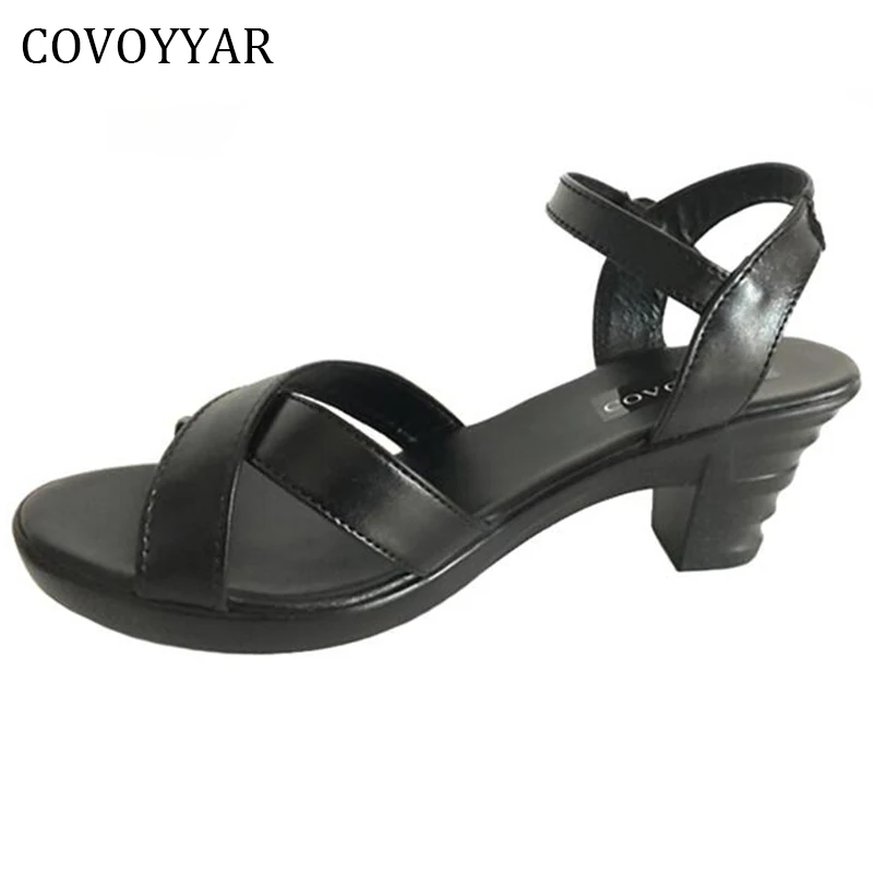 

COVOYYAR 2019 Genuine Leather Gladiator Women Sandals Summer Open Toe Thick Heel Women Shoes Flowers Black Shoes WSS746