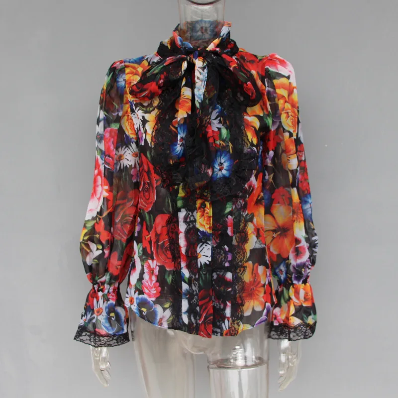 Высокое качество, новые моды Лето Дизайнер рубашка Для женщин с длинным рукавом великолепные Цветочный принт блузка с бантом