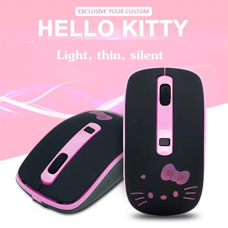 Беспроводная мышь, милая hello kitty, ультра тонкая компьютерная мышь, 1600 dpi, USB оптическая игровая мышь для ПК, ноутбука, подарок для девочек - Цвет: Черный