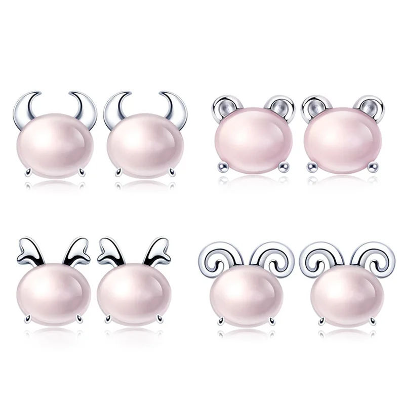

100% 925 sterling silver fashion Chinese Zodiac pink opal gem stone ladies`pendant necklace jewelry short link chain no fade