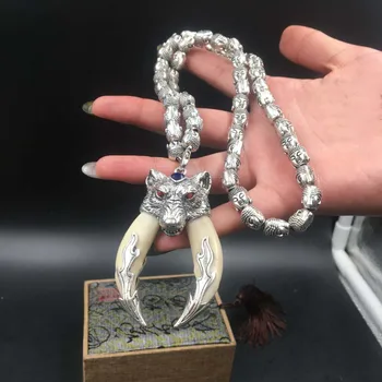 

TOP COOL fashion PUNK efficacious Mascot Tibetan silver Buddha head Necklace Bless Safe Wolf tooth Exorcise evil Pendant Amulet