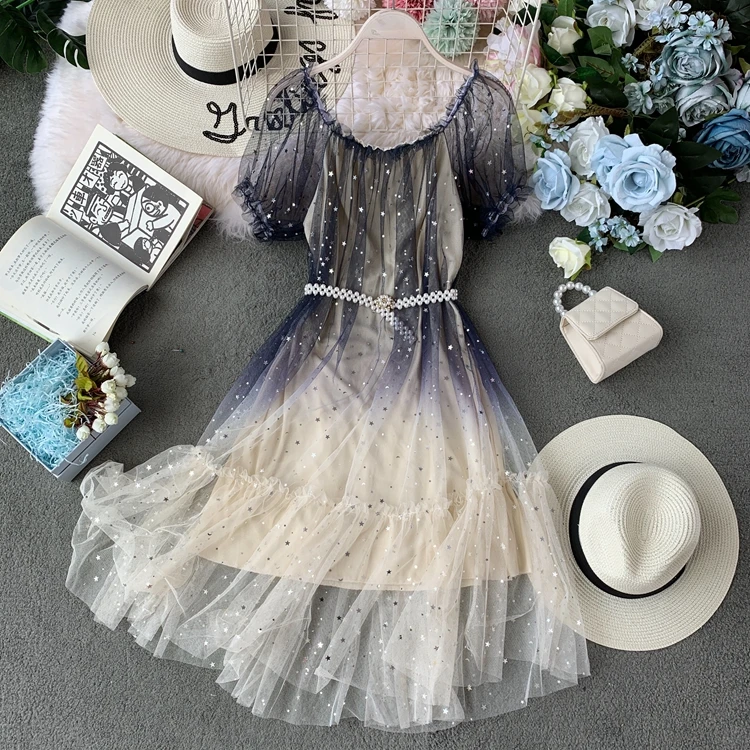 

2019 new fashion women's dresses Summer temperament slash neck strapless puff sleeves ruffled dress
