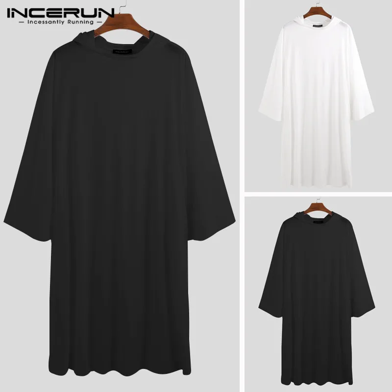 

INCERUN 2019 Men Long T Shirt Hooded Loose Solid Color Muslim Kaftan Islamic Arab Clothes Long Sleeve Tops Vintage T-shirts Men