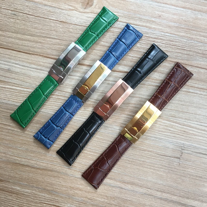 

20mm Black Green Brown Blue Crocodile pattern Genuine Leather Watchband For Role Watch Strap Daytona Submariner GMT RX Bracelet