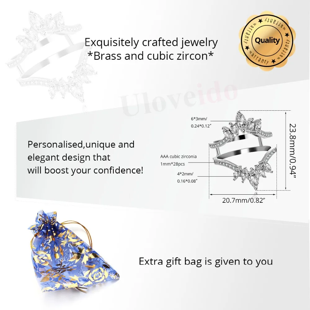 Uloveido Women's Silver Color Marquise Cut White Cubic Zirconia Double Wedding Band Ring Guard Enhancer Engagement Rings Y445