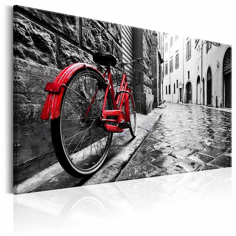 Современные настенные художественные одиночные части холст картина ярко Цвет Красный сломанный велосипед на серой улице фон картина домашний декор - Цвет: 2754