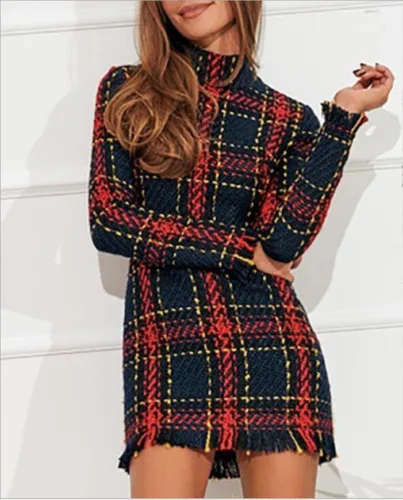 

Retro Elegant Hot Womens Red Plaid Print Long Sleeve Swing Skater Dress Autumn Winter Pullover Slim Mini Dress Plus Size new