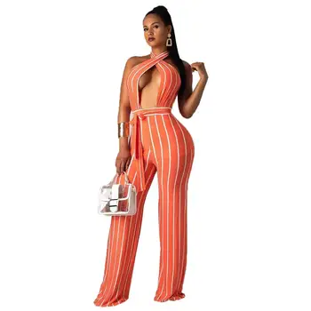 

Women Rompers Line Backless Big U Belt Jumpsuit Female Sexy Straip Hanging Neck Playsuit Sleeveless Summer Overall Lady Bodysuit