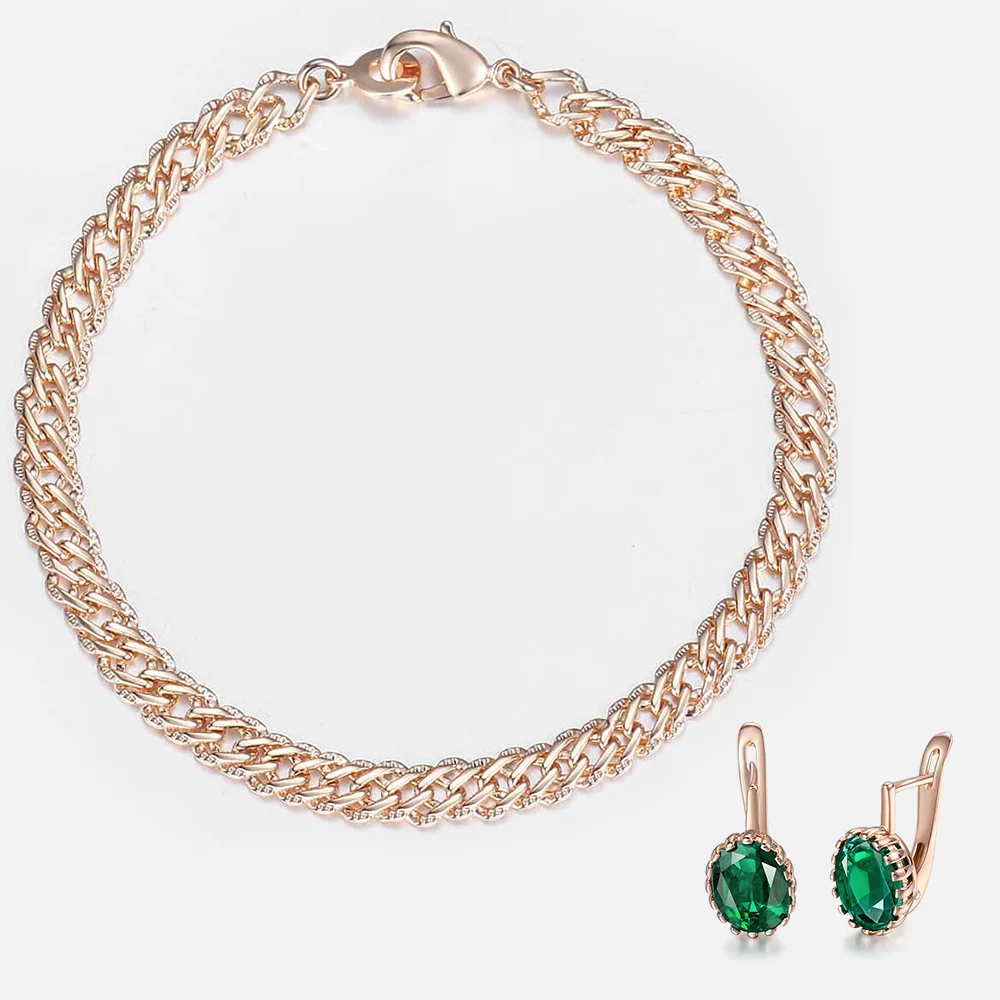 

585 Rose Gold Jewelry Sets for Women Green Crystals CZ Stone Dangle Womens Earrings Bracelets 2019 Fashion Gifts New HGEF17