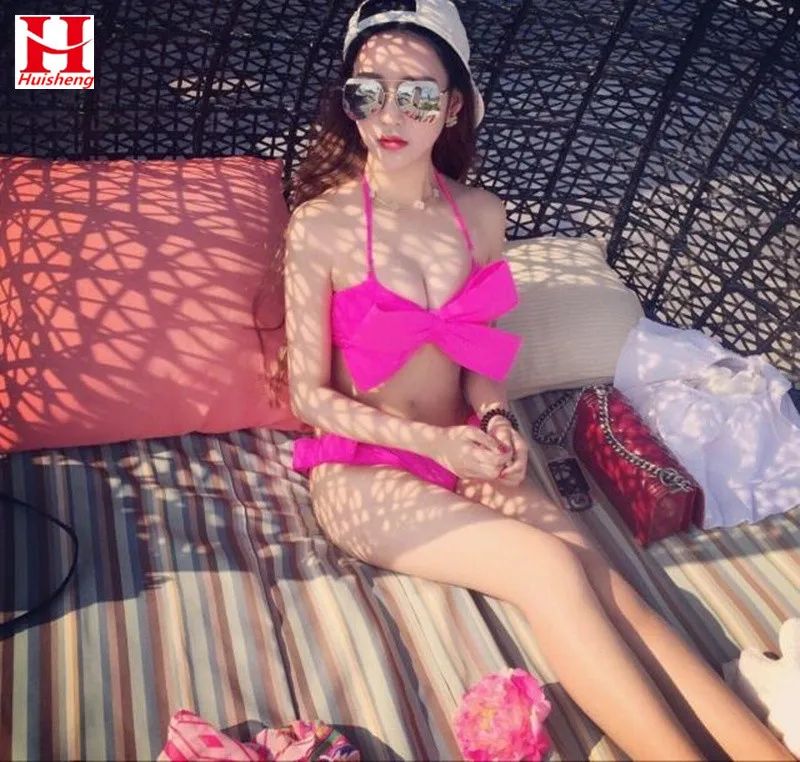 

Women Black Sexy Swim Wear Solid Swimwear Brazilian Bikini Big Bow Bandeau Beach Wear Halter Swimsuit Push Up Bathing Suit 2016