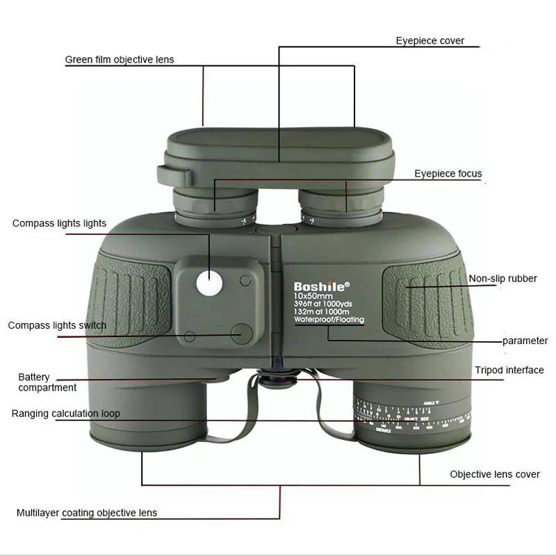 Boshile бинокль 10x50 Профессиональный морской бинокль водонепроницаемый цифровой компас охотничий телескоп высокой мощности Lll ночного видения