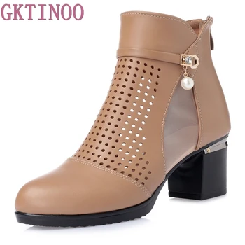 

GKTINOO New Summer Ankle Boots For Women Fashion Cut-Outs Sandals Ladies Thick High Heels Shoes Leather Woman Plus Size 35-43