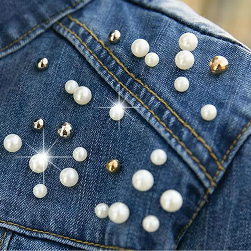 Rihschpiece Spring Denim Jacket Women Short Jeans Jacket Women Basic Coats Pearls Harajuku Slim Coat RZF143