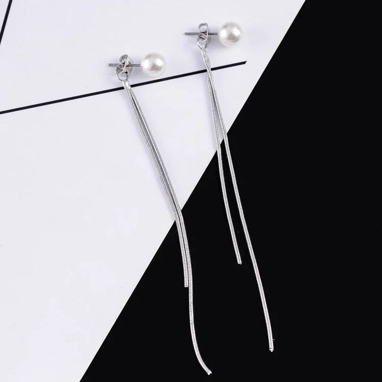 Корейские элегантные посеребренные висячие серьги фианит драгоценный камень жемчужные длинные висячие серьги с кисточками для женщин Brincos Bijoux - Metal Color: Silver pearl long