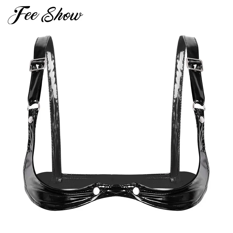 

Sexy Womens Wetlook Faux Leather Bra Adjustable Spaghetti Straps Wire-free Bra Half Bra Lingerie Open Cup Bra Tops for Nightclub