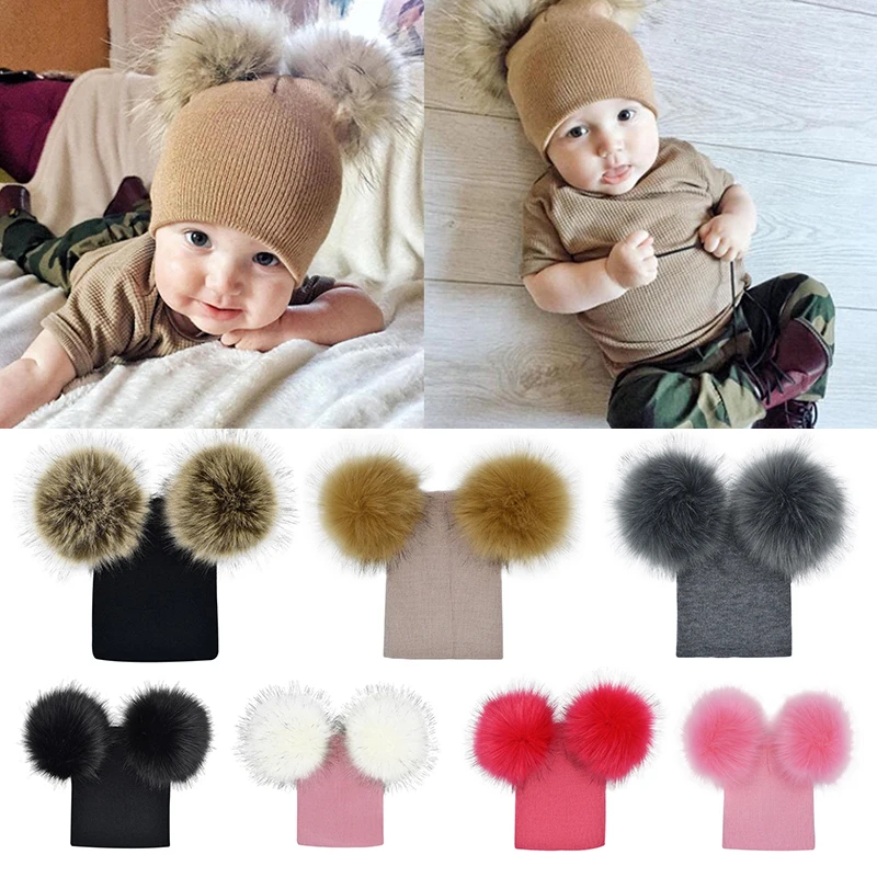 

Cute Baby Kids Winter Hat Knitted Warm Double Fur Pompom Caps Beanies Boys Girls Pom Pom hats Children Solid Cap Bonnet Gorro