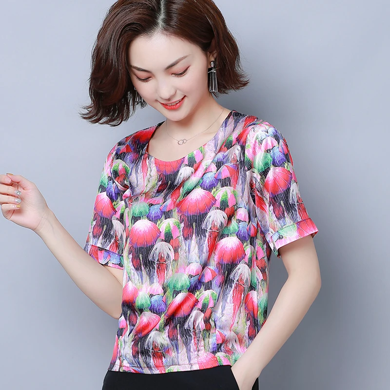 Korean Fashion Silk Women Blouses Satin Womens Tops and Blouses Short Sleeve Black Women Shirts Plus Size XXXL/4XL Ladies Tops