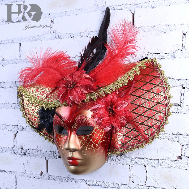 

H&D Elegant Red Feather Hat Full Face Venetian Mask Halloween Masquerade Party Masks Italy Lady Mask Party Favor Wall Decoration