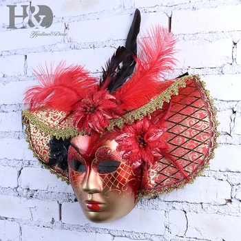 

H&D Elegant Red Feather Hat Full Face Venetian Mask Halloween Masquerade Party Masks Italy Lady Mask Party Favor Wall Decoration