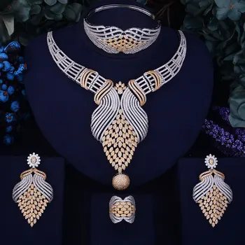 

GODKI Luxury Feather Leaf Women Nigerian Wedding Naija Bride Cubic Zirconia Necklace Dubai 4PCS Wedding Jewelry Set