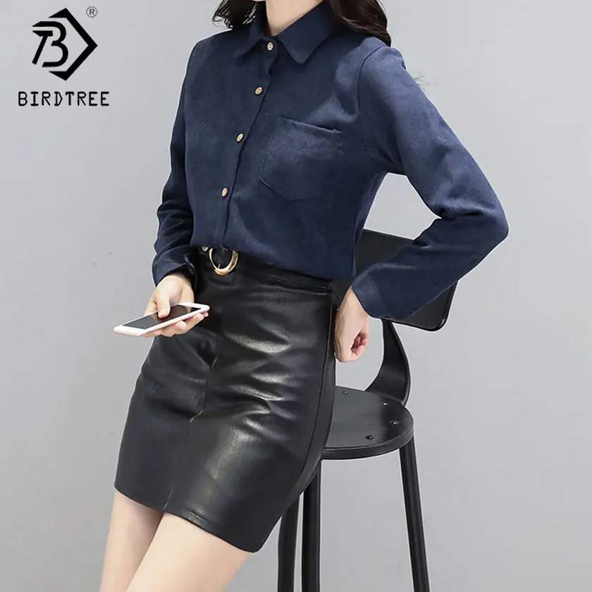 Вельветовые корейские винтажные женские рубашки с отложным воротником Модные осенние повседневные женские блузки с длинными рукавами Топы Новое поступление T7O713A - Цвет: Navy