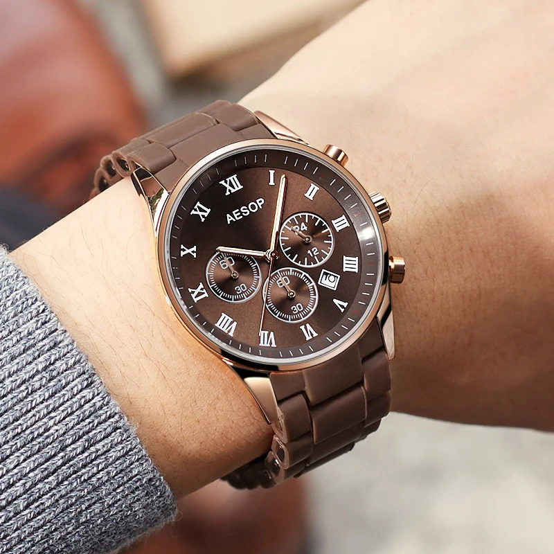 Мужские кварцевые часы AESOP Роскошные наручные с силиконовым и легированным